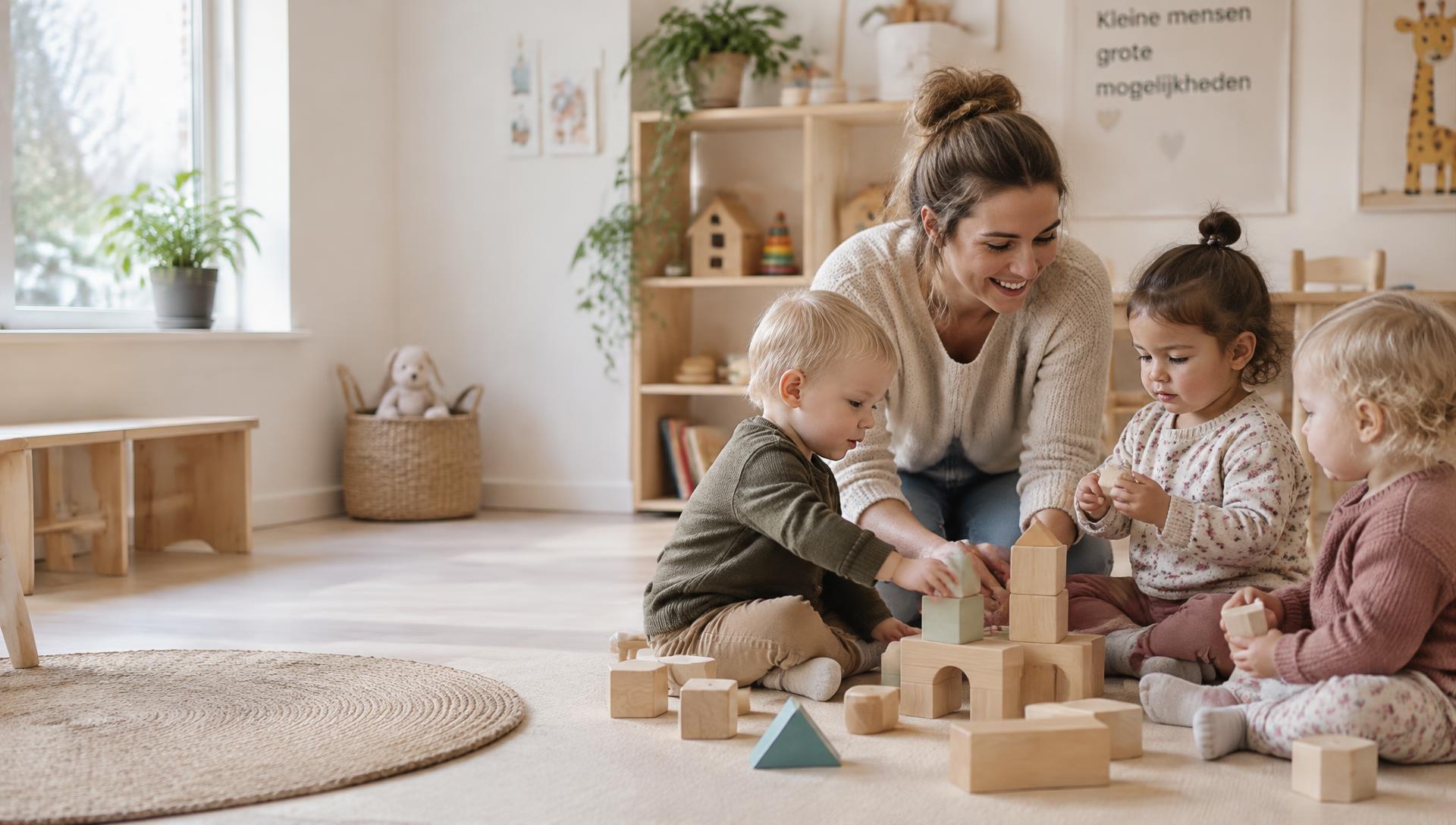 Pedagogisch medewerker speelt met peuters met houten blokken (illustratieve foto)