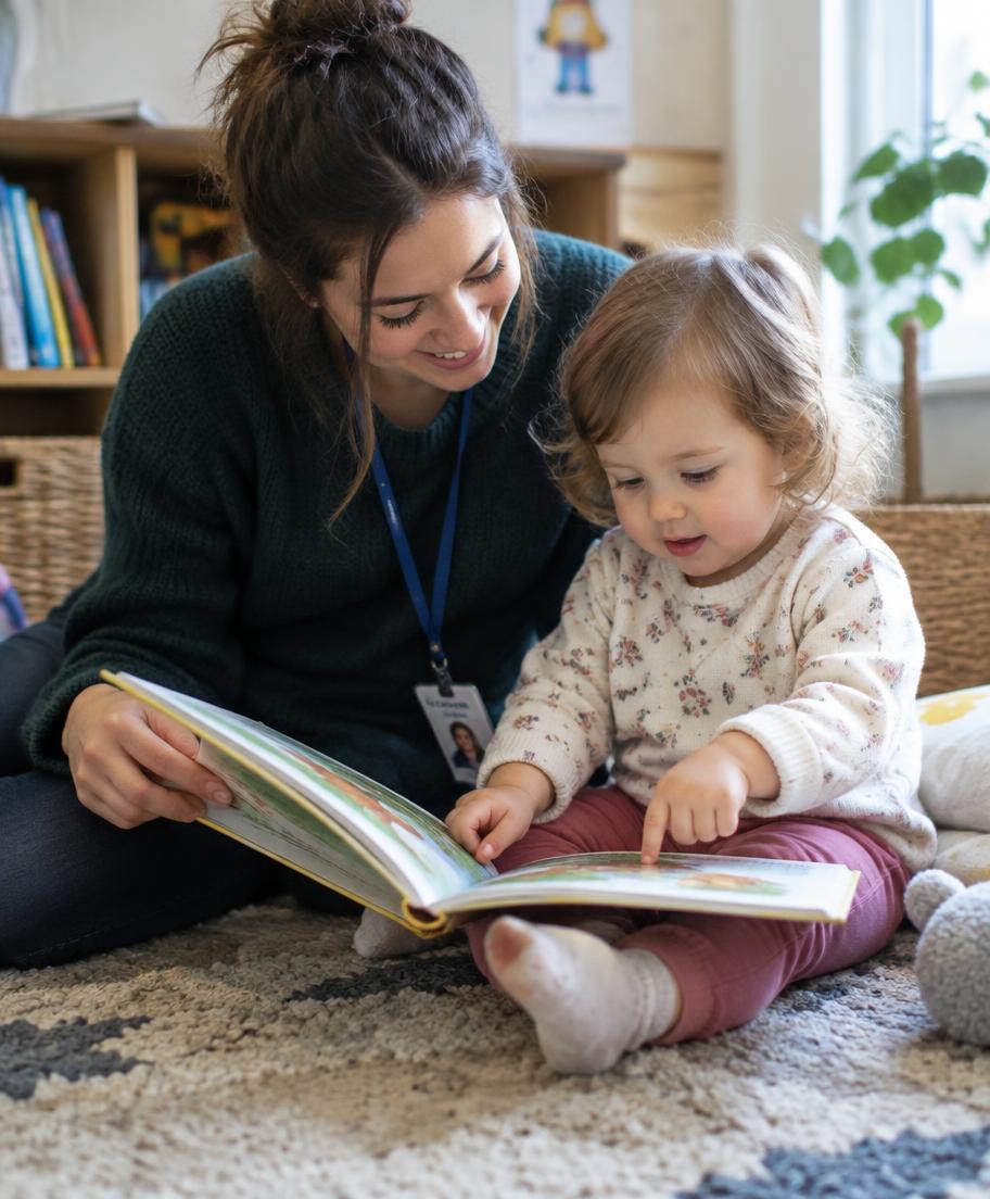 Medewerker leest een prentenboek voor aan een peuter (illustratieve foto)