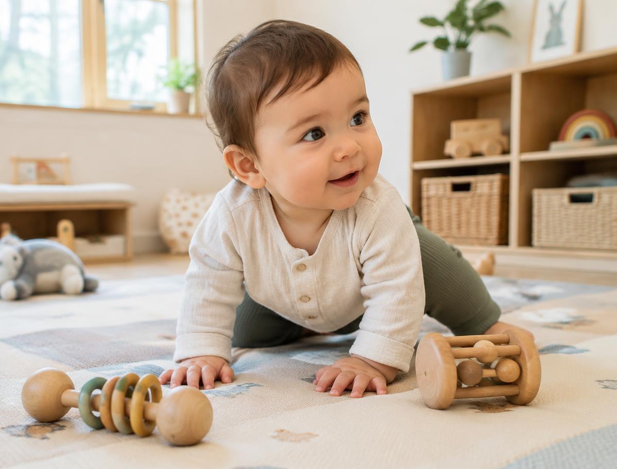 Baby speelt met houten speelgoed (illustratieve foto)