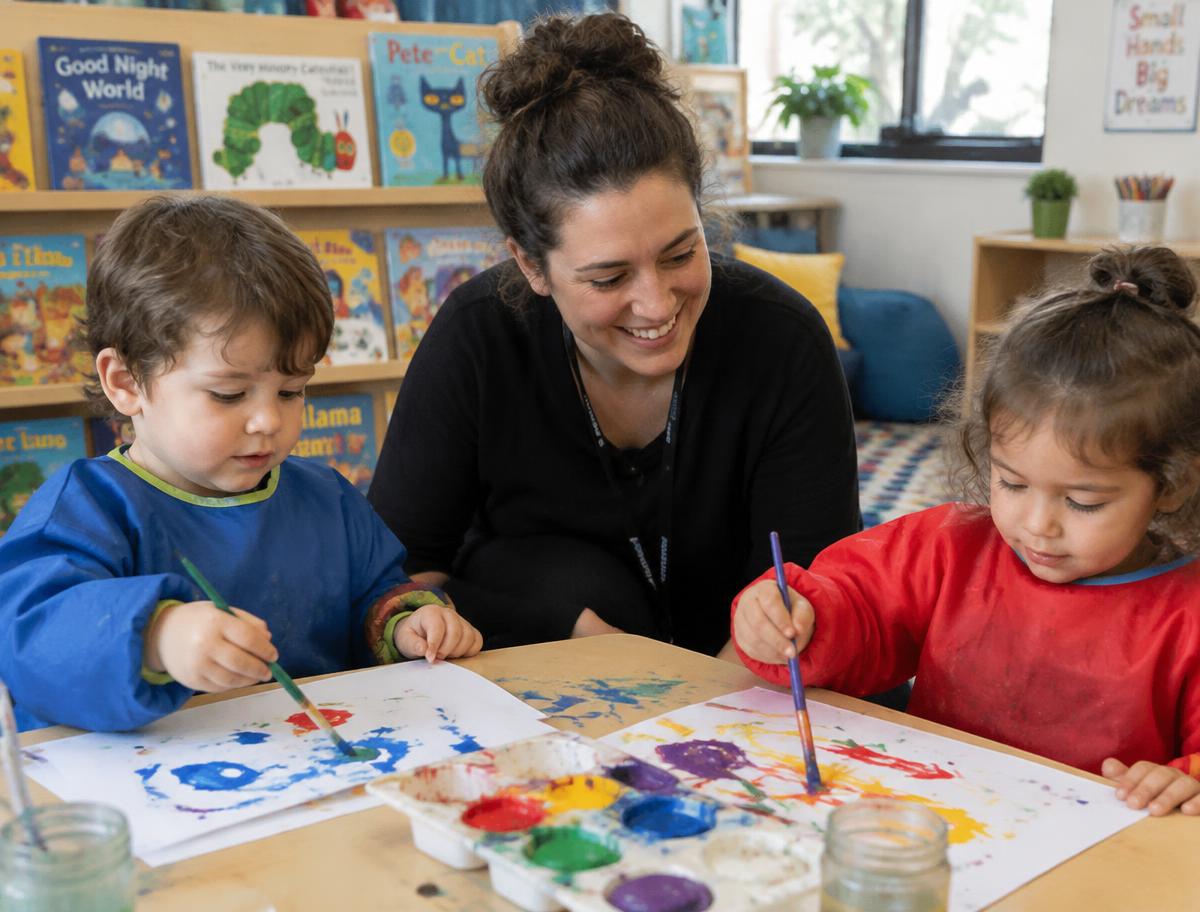 Peuters schilderen samen met een pedagogisch medewerker (illustratieve foto)